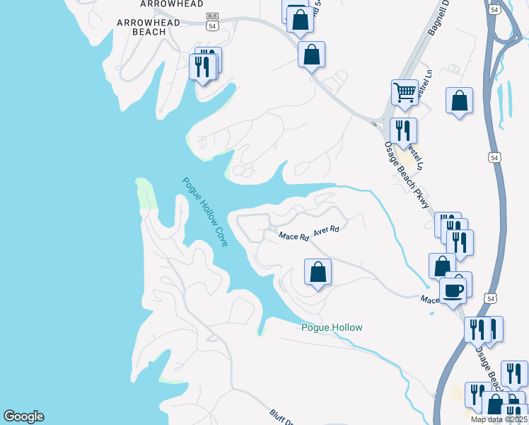 map of restaurants, bars, coffee shops, grocery stores, and more near 121 Indian Pointe in Osage Beach