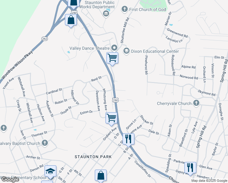 map of restaurants, bars, coffee shops, grocery stores, and more near 1591 Churchville Avenue in Staunton