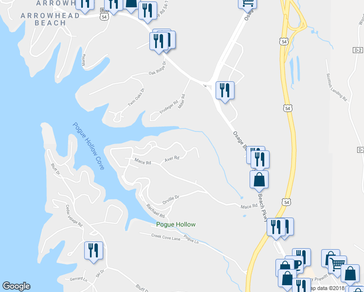 map of restaurants, bars, coffee shops, grocery stores, and more near Aver Road in Osage Beach