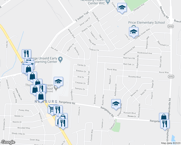 map of restaurants, bars, coffee shops, grocery stores, and more near 5501 Ailanthus Trail in Louisville