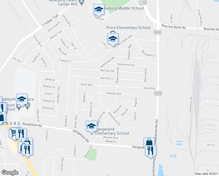 map of restaurants, bars, coffee shops, grocery stores, and more near 5112 Rural Way in Louisville
