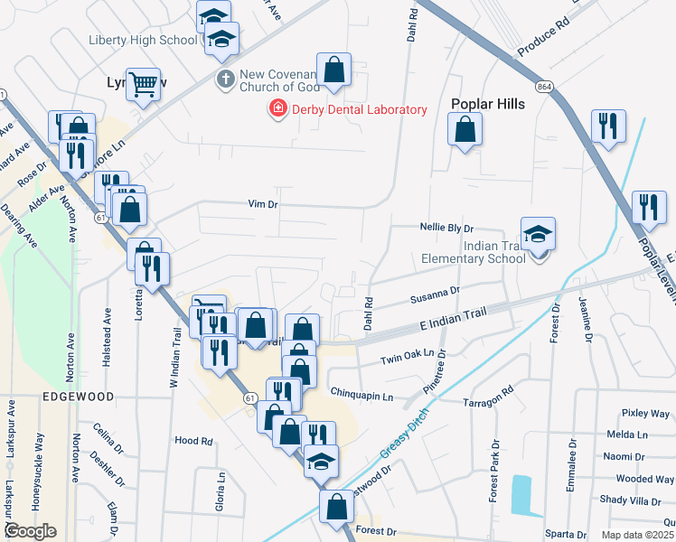 map of restaurants, bars, coffee shops, grocery stores, and more near 3307 East Indian Trail in Louisville