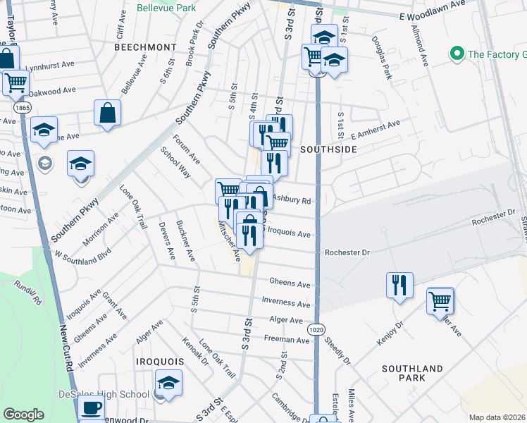 map of restaurants, bars, coffee shops, grocery stores, and more near 301 West Southland Boulevard in Louisville
