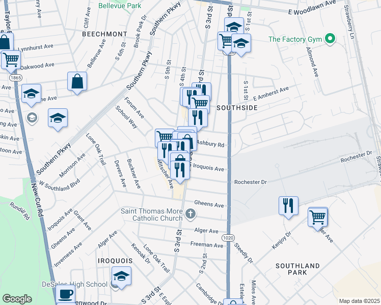 map of restaurants, bars, coffee shops, grocery stores, and more near 301 West Southland Boulevard in Louisville