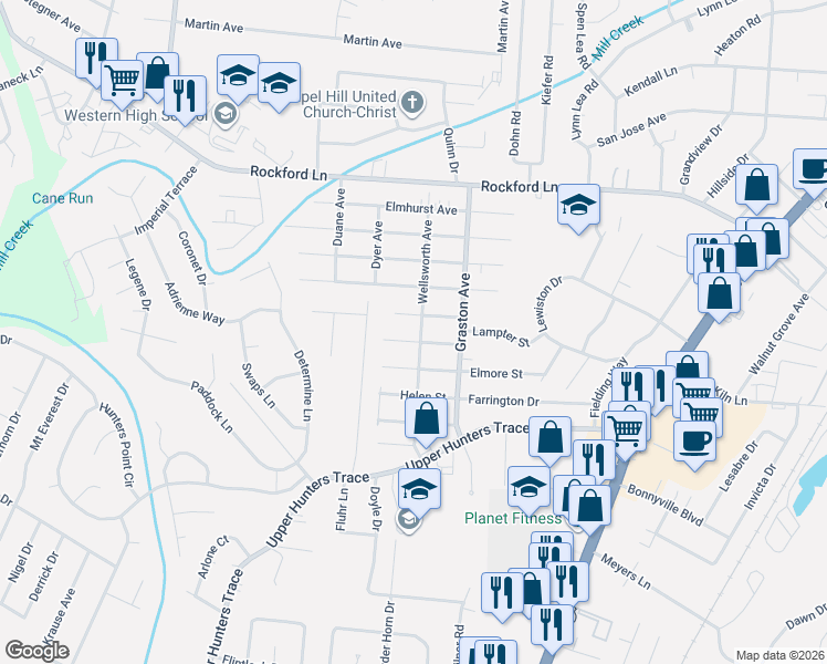 map of restaurants, bars, coffee shops, grocery stores, and more near 2406 Dexter Avenue in Louisville