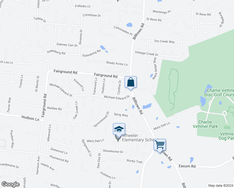 map of restaurants, bars, coffee shops, grocery stores, and more near 5120 Cynthia Drive in Louisville