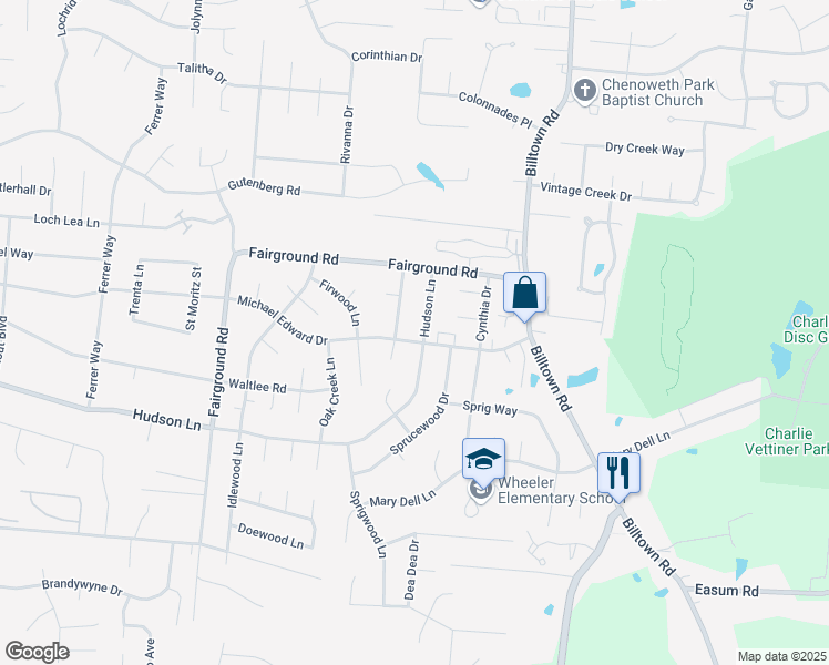 map of restaurants, bars, coffee shops, grocery stores, and more near 5100 Fairwood Lane in Louisville