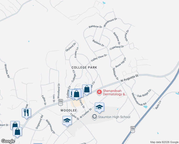 map of restaurants, bars, coffee shops, grocery stores, and more near 127 Fraser Lane in Staunton