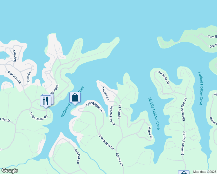 map of restaurants, bars, coffee shops, grocery stores, and more near 253-399 Buckeye Lane in Sunrise Beach