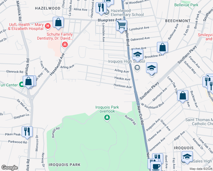 map of restaurants, bars, coffee shops, grocery stores, and more near 1424 Huntoon Avenue in Louisville