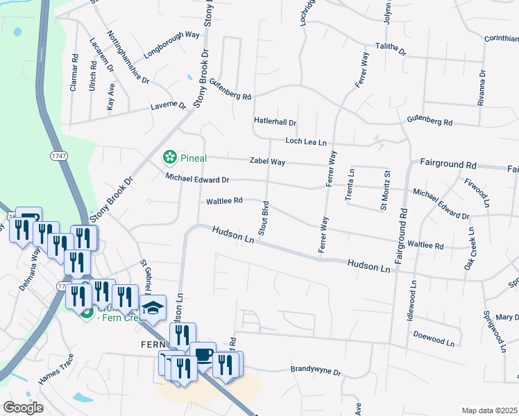 map of restaurants, bars, coffee shops, grocery stores, and more near 5107 Stout Boulevard in Louisville