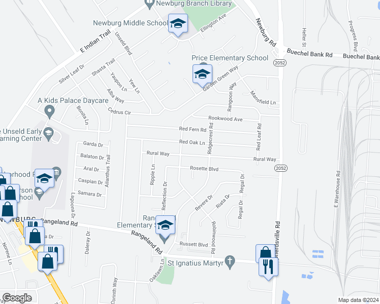 map of restaurants, bars, coffee shops, grocery stores, and more near 5107 Rural Way in Louisville