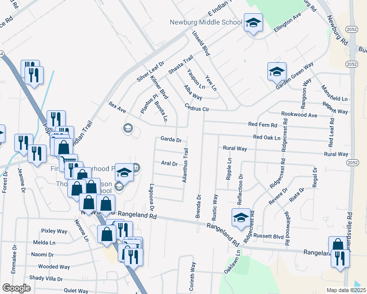 map of restaurants, bars, coffee shops, grocery stores, and more near 5404 Ailanthus Trail in Louisville