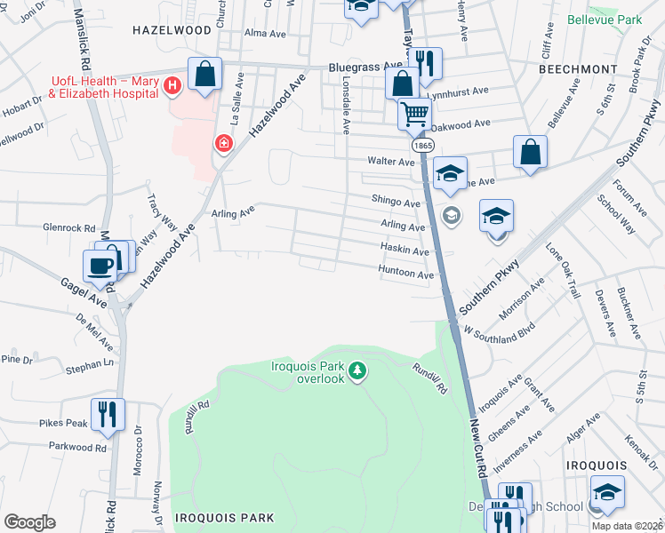 map of restaurants, bars, coffee shops, grocery stores, and more near 1430 Huntoon Avenue in Louisville