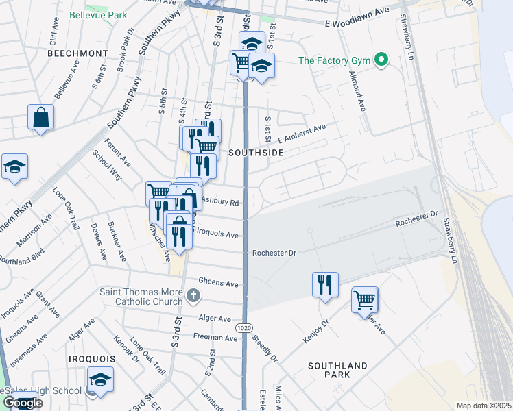 map of restaurants, bars, coffee shops, grocery stores, and more near 5106 S 1st St in Louisville