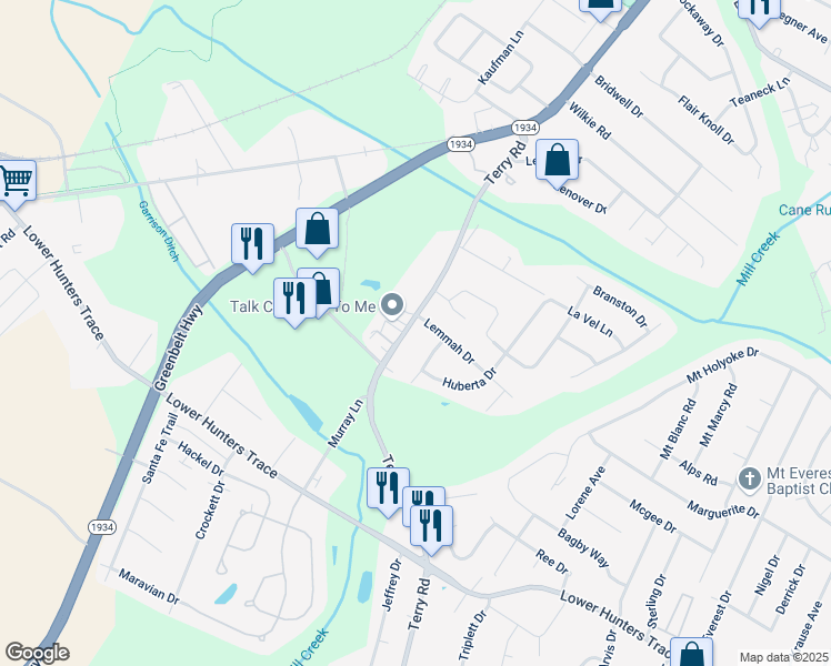 map of restaurants, bars, coffee shops, grocery stores, and more near 5103 Terry Road in Louisville