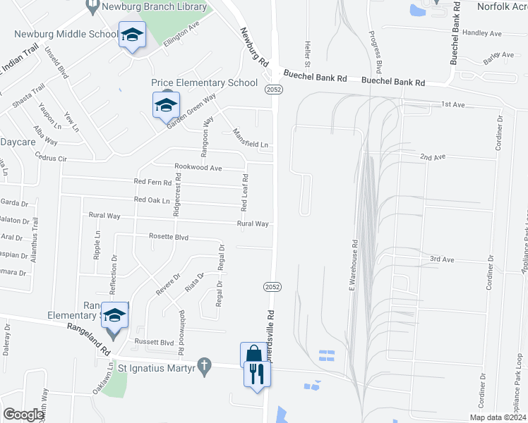 map of restaurants, bars, coffee shops, grocery stores, and more near 5401 Red Leaf Road in Louisville
