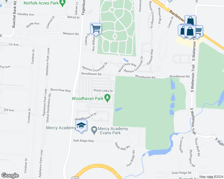 map of restaurants, bars, coffee shops, grocery stores, and more near 7127 Black Mountain Drive in Louisville