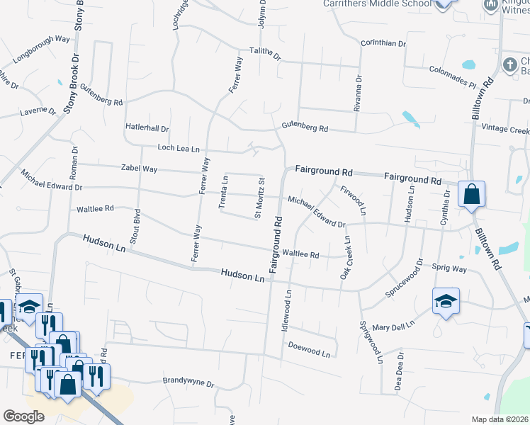 map of restaurants, bars, coffee shops, grocery stores, and more near 9244 Saint Moritz Street in Louisville