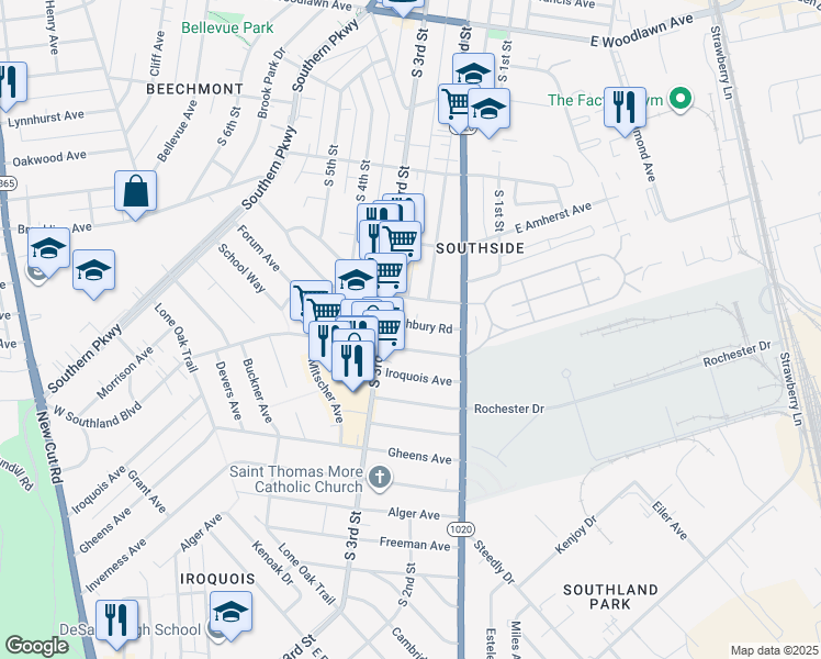 map of restaurants, bars, coffee shops, grocery stores, and more near 220 Ashbury Road in Louisville