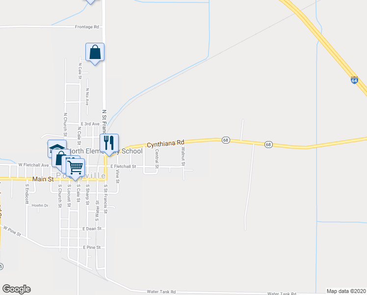 map of restaurants, bars, coffee shops, grocery stores, and more near 96 Walnut Street in Poseyville