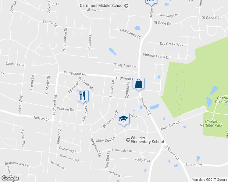 map of restaurants, bars, coffee shops, grocery stores, and more near 9704 Hudson Lane in Louisville
