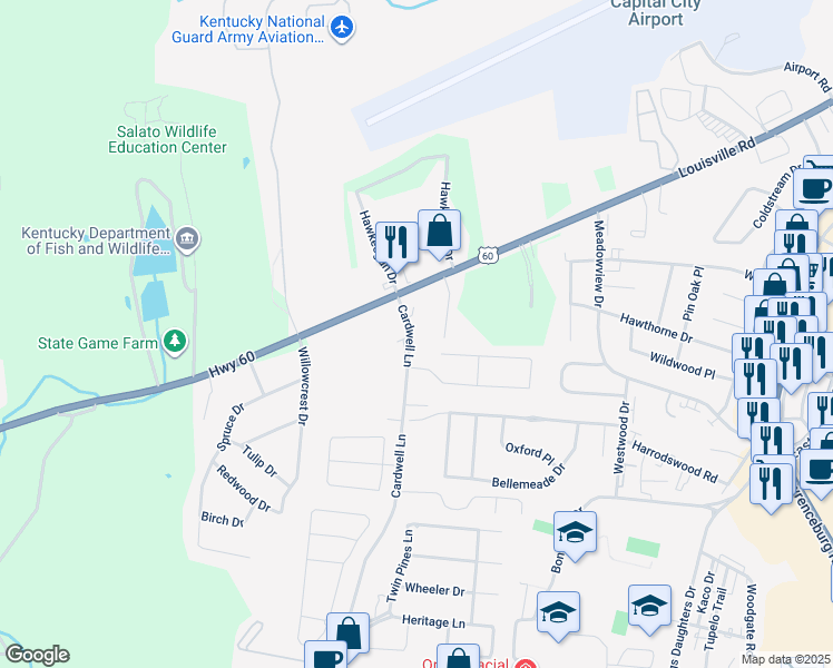map of restaurants, bars, coffee shops, grocery stores, and more near 94 Cardwell Lane in Frankfort