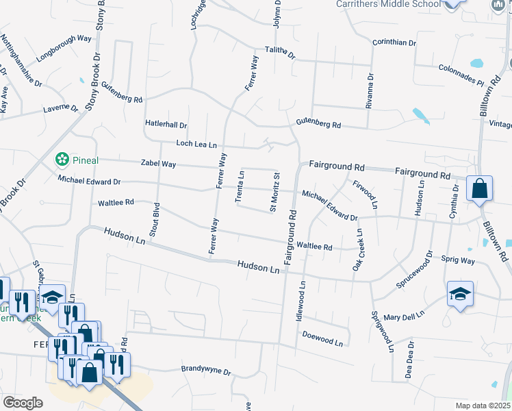 map of restaurants, bars, coffee shops, grocery stores, and more near 9223 Vevey Road in Louisville
