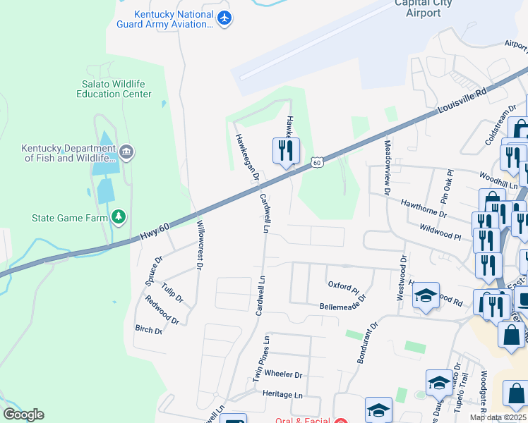 map of restaurants, bars, coffee shops, grocery stores, and more near 94 Cardwell Lane in Frankfort