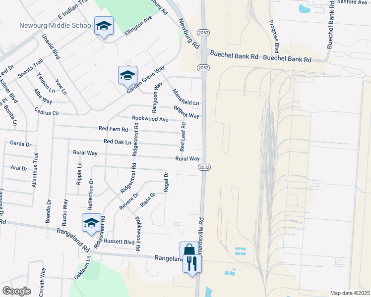 map of restaurants, bars, coffee shops, grocery stores, and more near 5401 Red Leaf Road in Louisville