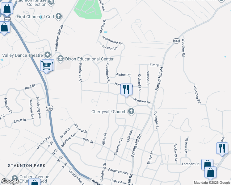 map of restaurants, bars, coffee shops, grocery stores, and more near 1001 Skymont Road in Staunton