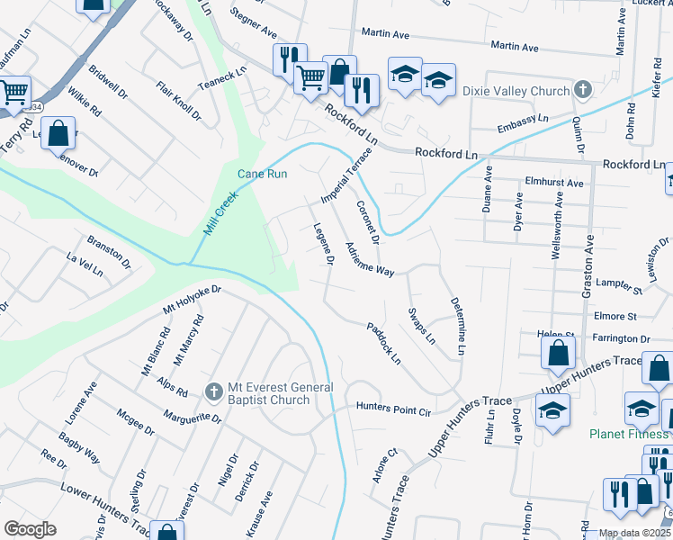 map of restaurants, bars, coffee shops, grocery stores, and more near 2518 Legene Drive in Louisville