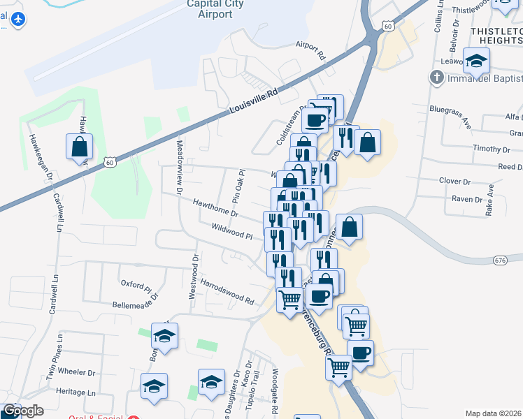 map of restaurants, bars, coffee shops, grocery stores, and more near 205 Knollwood Place in Frankfort
