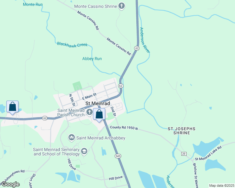 map of restaurants, bars, coffee shops, grocery stores, and more near 13192 Indiana 62 in Saint Meinrad