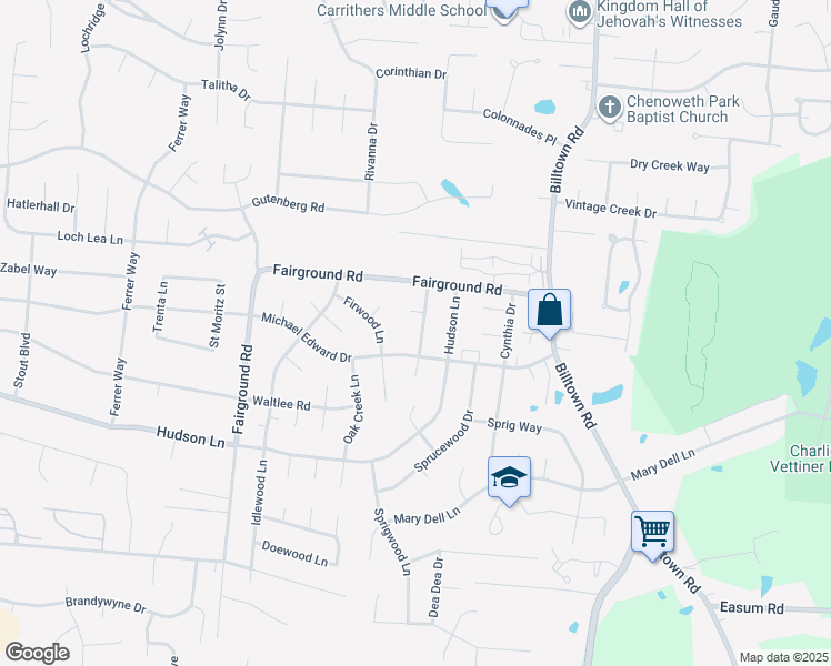 map of restaurants, bars, coffee shops, grocery stores, and more near 5100 Fairwood Lane in Louisville