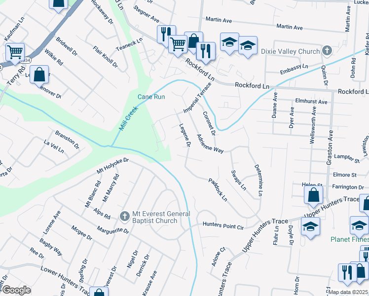 map of restaurants, bars, coffee shops, grocery stores, and more near 2518 Legene Drive in Louisville