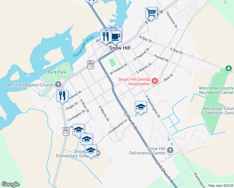 map of restaurants, bars, coffee shops, grocery stores, and more near 205 South Church Street in Snow Hill