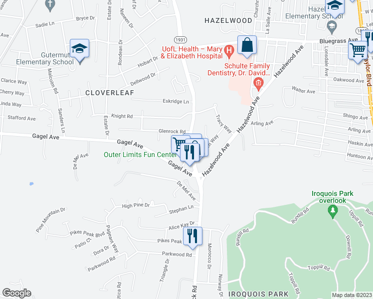 map of restaurants, bars, coffee shops, grocery stores, and more near 4934 Manslick Road in Louisville