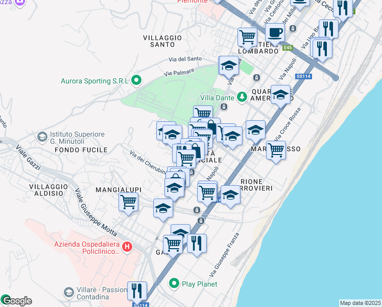 map of restaurants, bars, coffee shops, grocery stores, and more near 13 Via Giuseppe Bottone in Messina