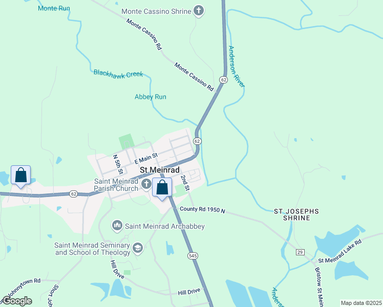 map of restaurants, bars, coffee shops, grocery stores, and more near 13192 Highway 62 in Saint Meinrad