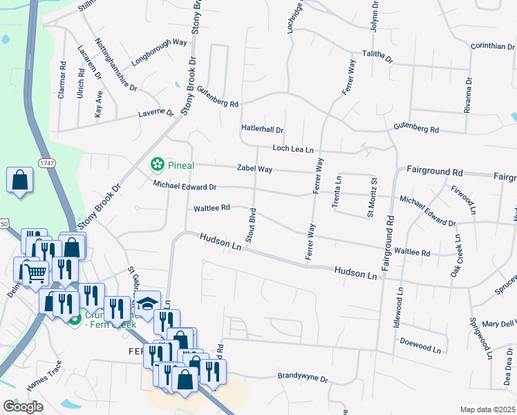 map of restaurants, bars, coffee shops, grocery stores, and more near 5107 Stout Boulevard in Louisville
