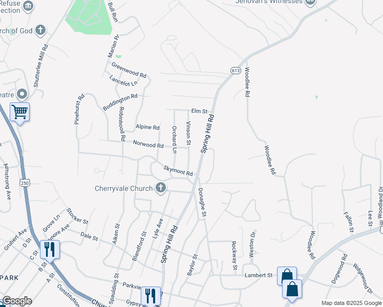 map of restaurants, bars, coffee shops, grocery stores, and more near 1801 Vinson Street in Staunton