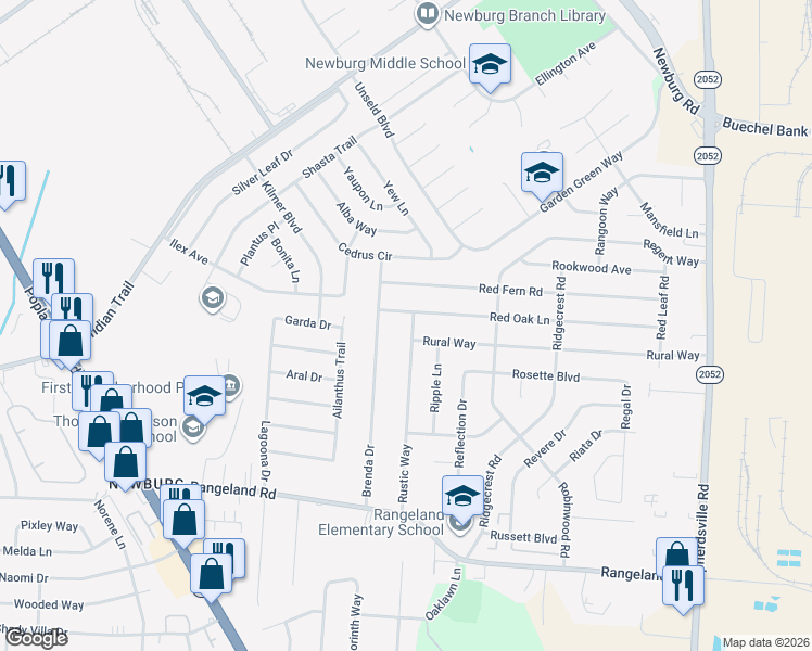 map of restaurants, bars, coffee shops, grocery stores, and more near 5405 Rustic Way in Louisville