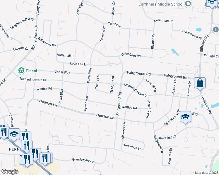 map of restaurants, bars, coffee shops, grocery stores, and more near 9223 Vevey Road in Louisville
