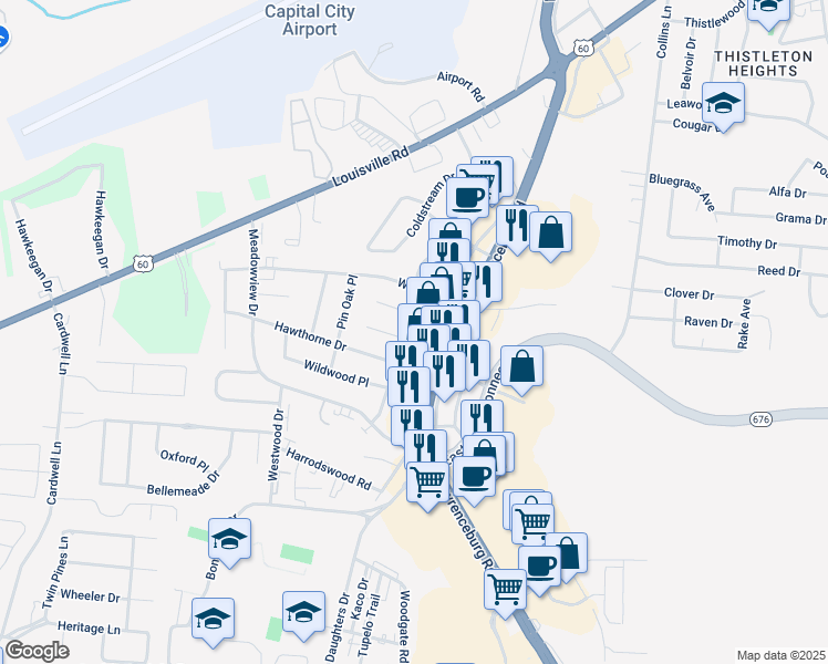 map of restaurants, bars, coffee shops, grocery stores, and more near 1224 U.S. 127 in Frankfort