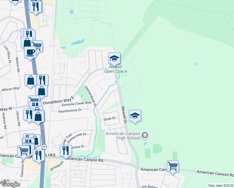 map of restaurants, bars, coffee shops, grocery stores, and more near 22 Marsala Place in American Canyon