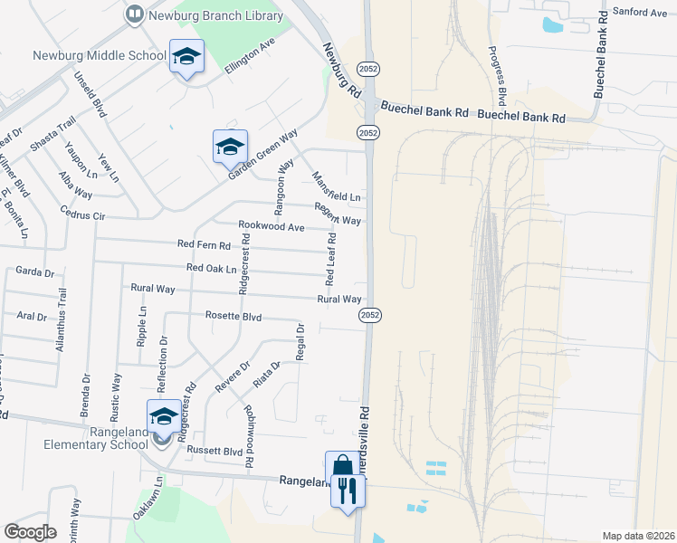 map of restaurants, bars, coffee shops, grocery stores, and more near 5401 Red Leaf Road in Louisville