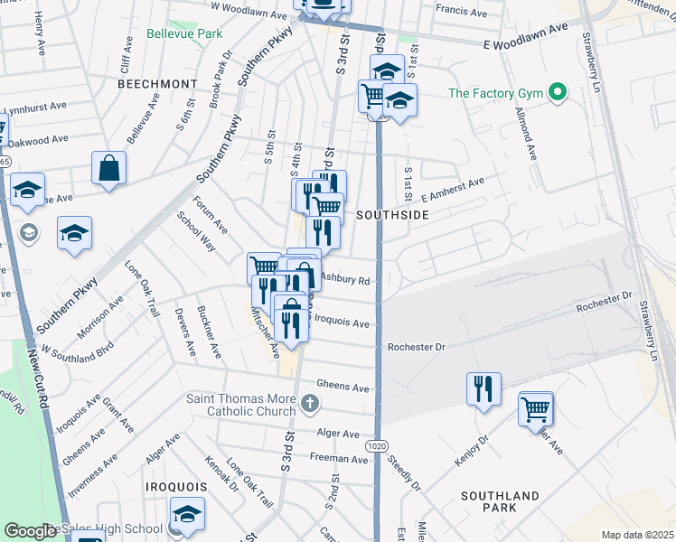 map of restaurants, bars, coffee shops, grocery stores, and more near 220 Ashbury Road in Louisville