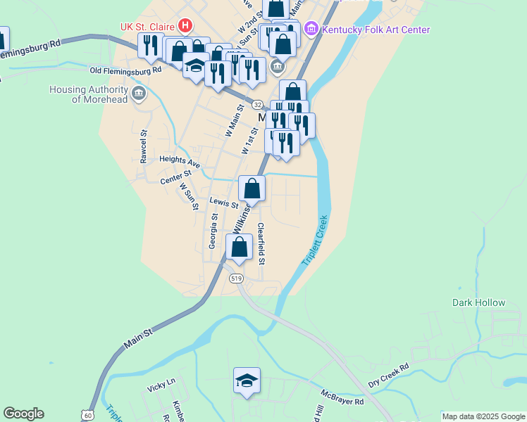 map of restaurants, bars, coffee shops, grocery stores, and more near 813 Clearfield Street in Morehead