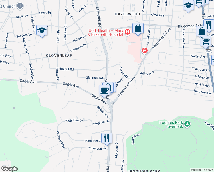 map of restaurants, bars, coffee shops, grocery stores, and more near 4934 Manslick Road in Louisville